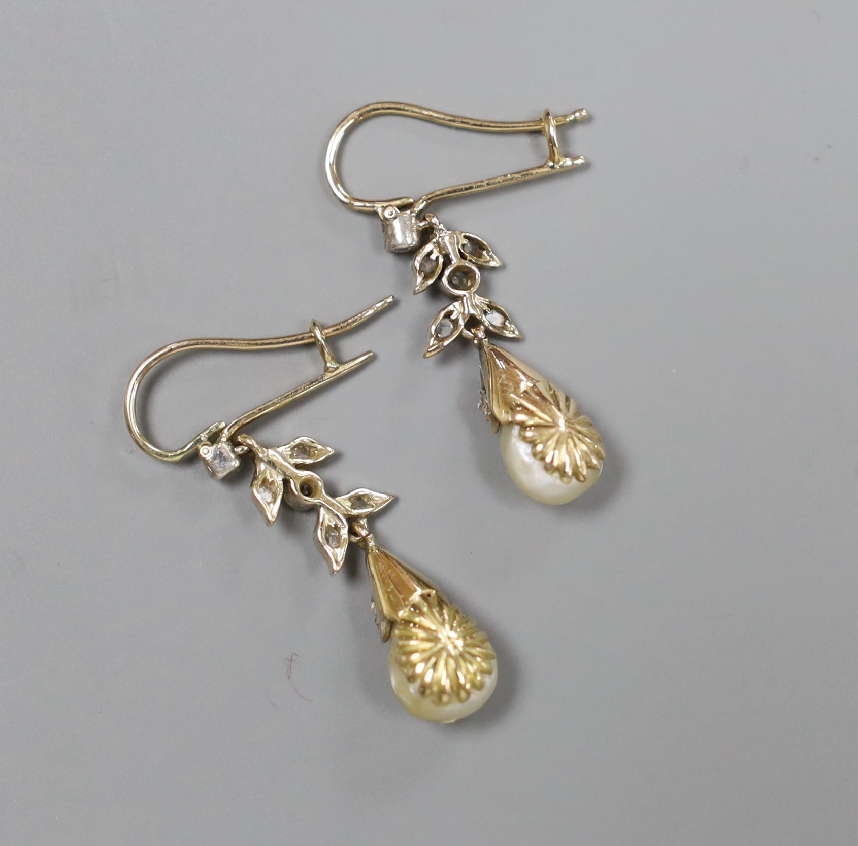 A pair of yellow metal ,cultured pearl and rose cut diamond set drop earrings, 20mm, gross weight 3 grams.